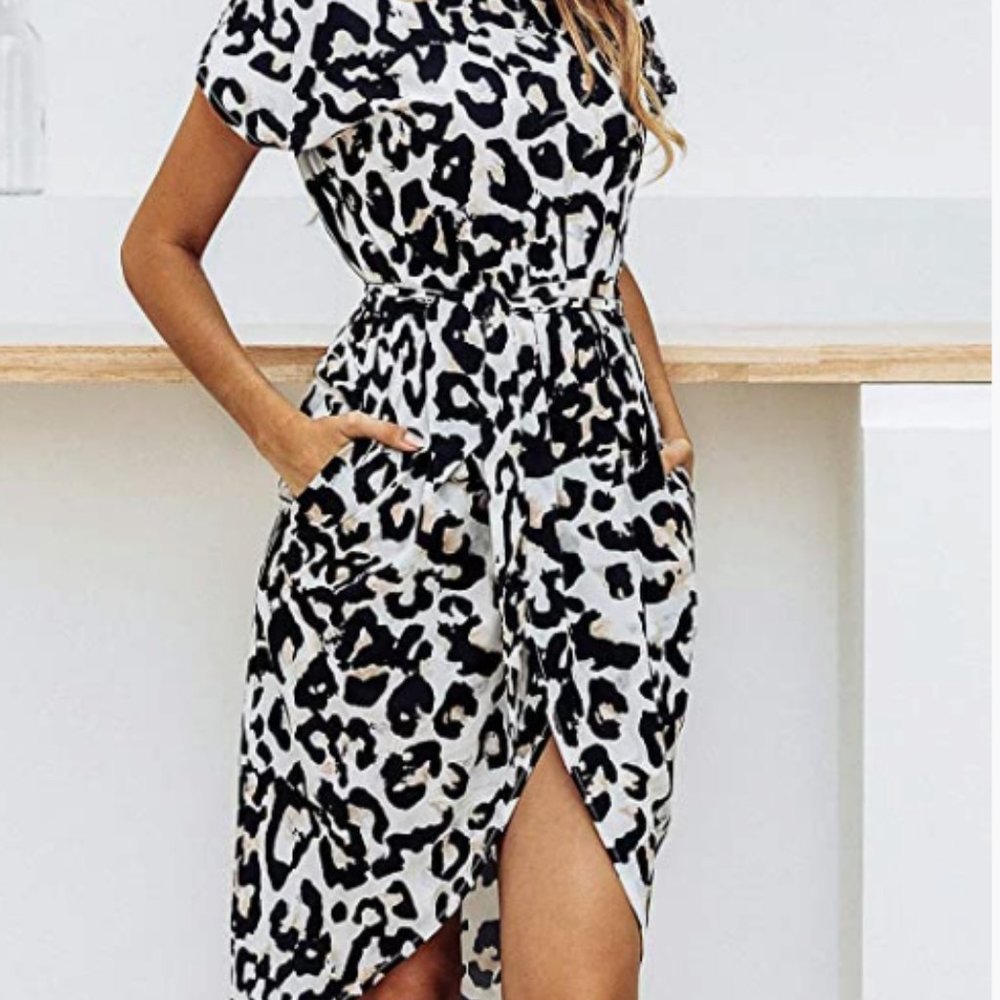 Summer Casual Dress Round Neck Short Sleeves Leopard Maxi with Belt - Small